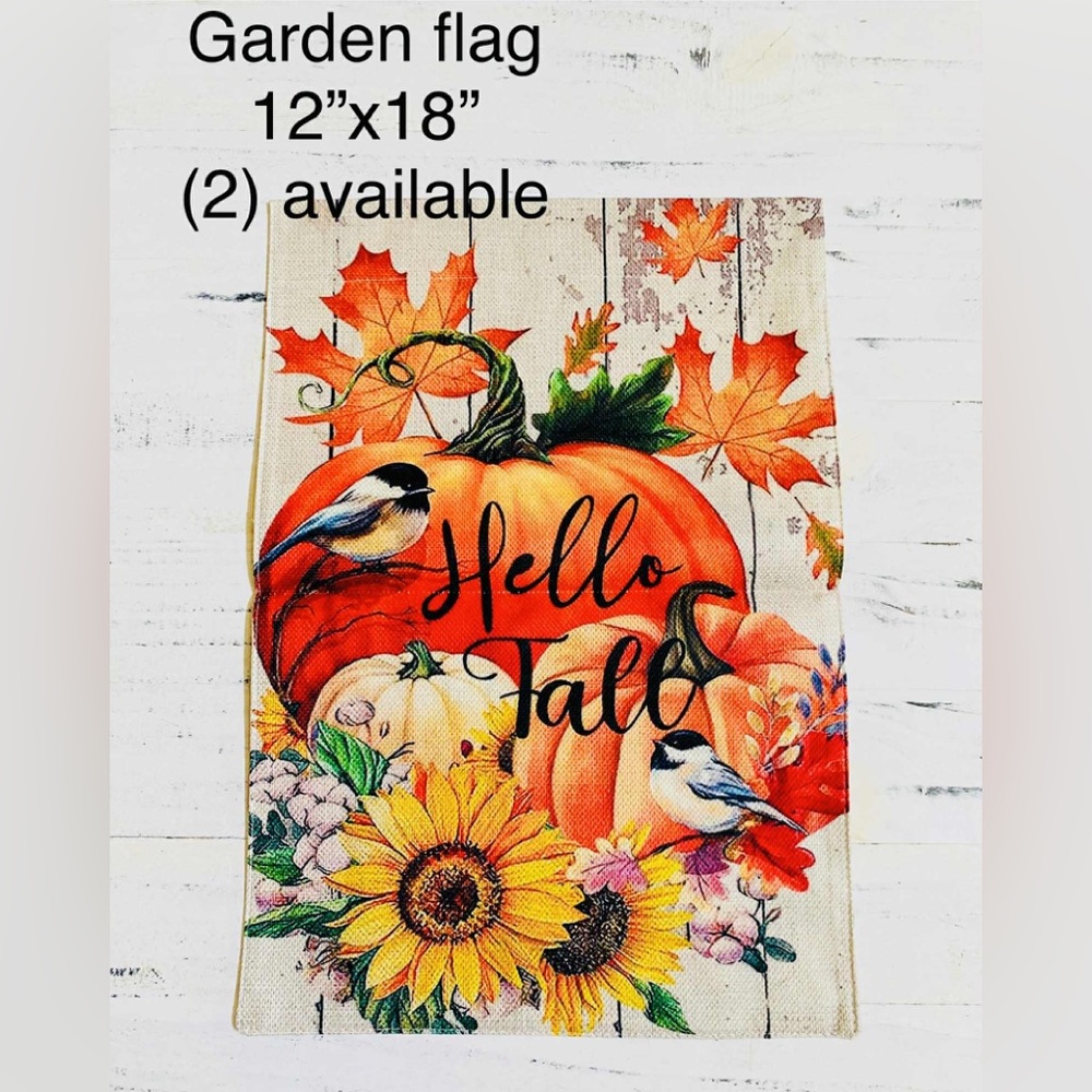 Hello Fall Garden Flag with Pumpkin and Sunflower Design